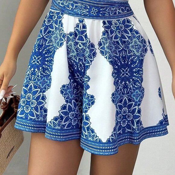 Casual Women's Allover Print Halter Crisscross Back Cinched Waist romper - Picture 6 of 6